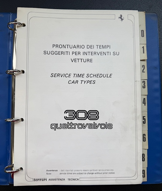 Genuine Ferrari 308 Quattrovalve Service Time Book
